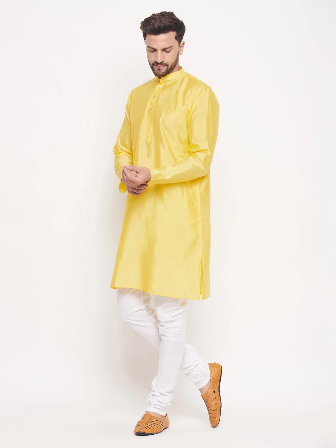 Jashvi Men's Yellow Square Woven Silk Blend Kurta With White Pyjama Set