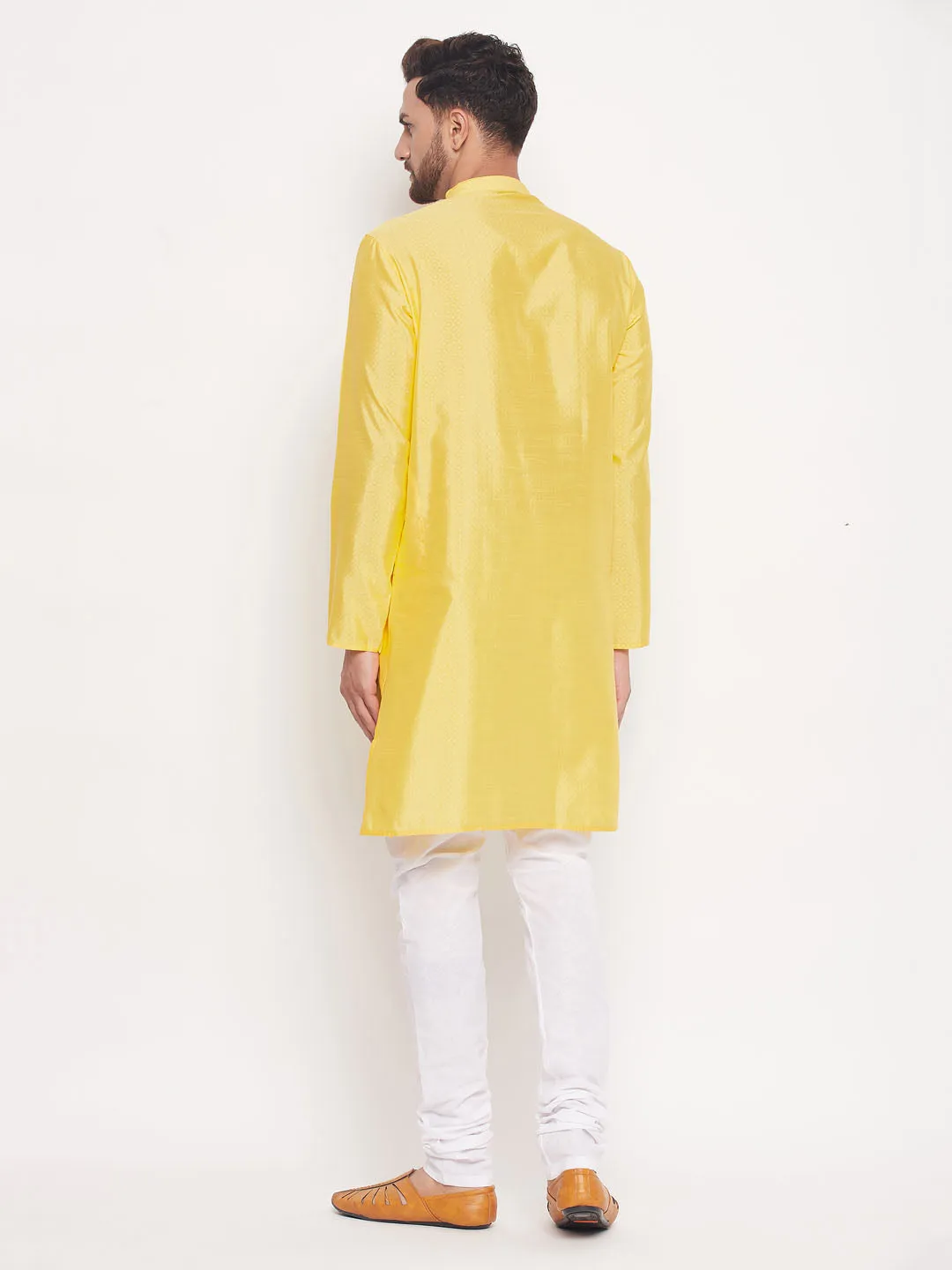 Jashvi Men's Yellow Square Woven Silk Blend Kurta With White Pyjama Set