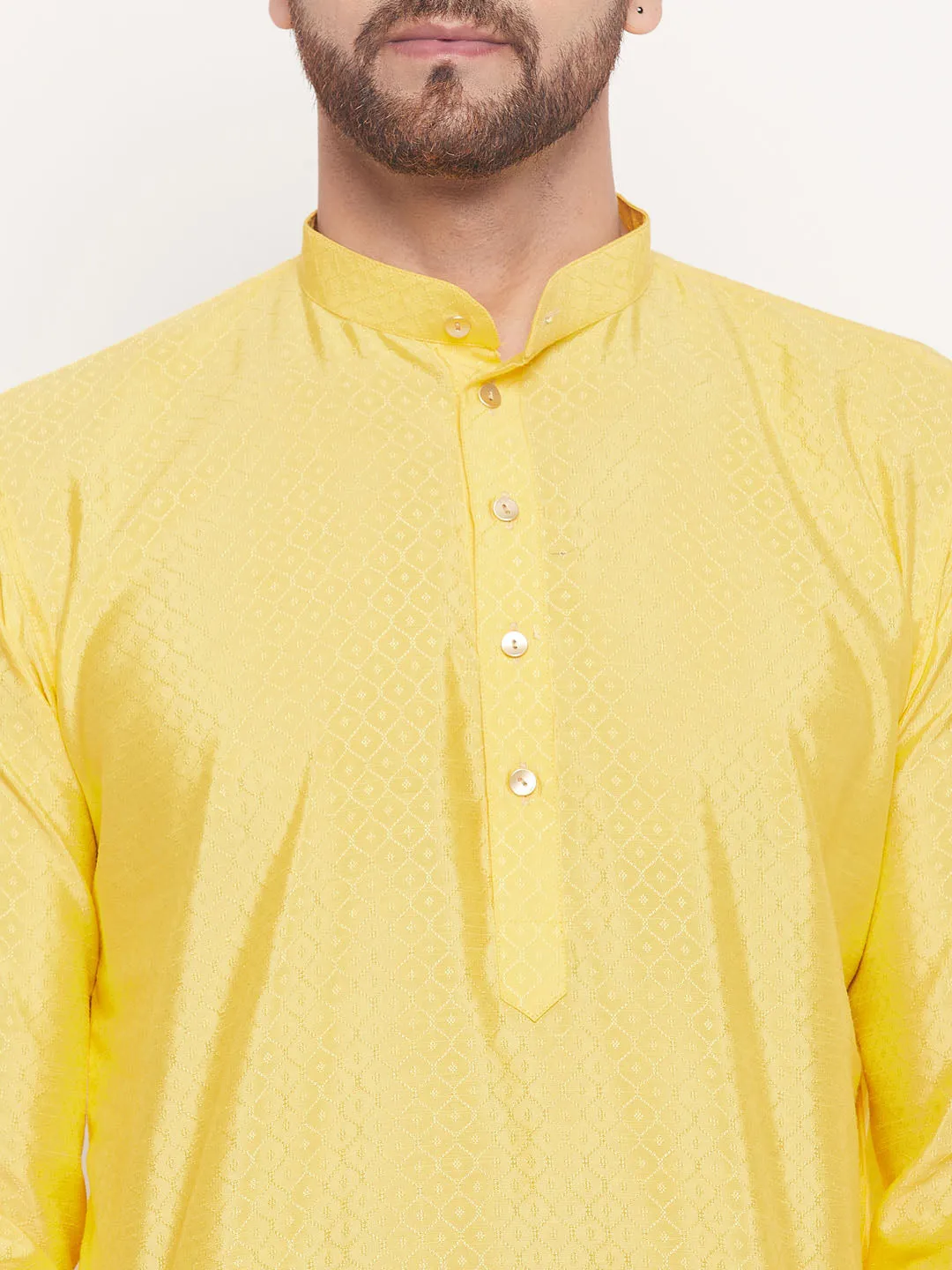 Jashvi Men's Yellow Square Woven Silk Blend Kurta With White Pyjama Set