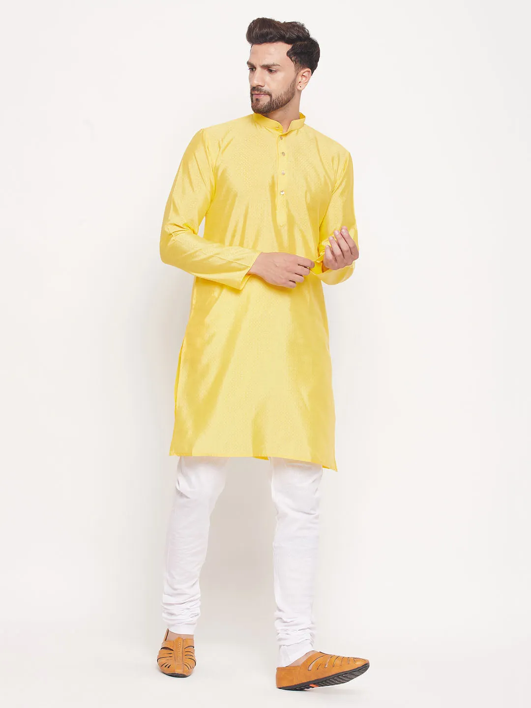 Jashvi Men's Yellow Square Woven Silk Blend Kurta With White Pyjama Set