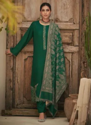 Kesar Unstitched Green Pashmina Winter Suit with Embroidery for Ladies