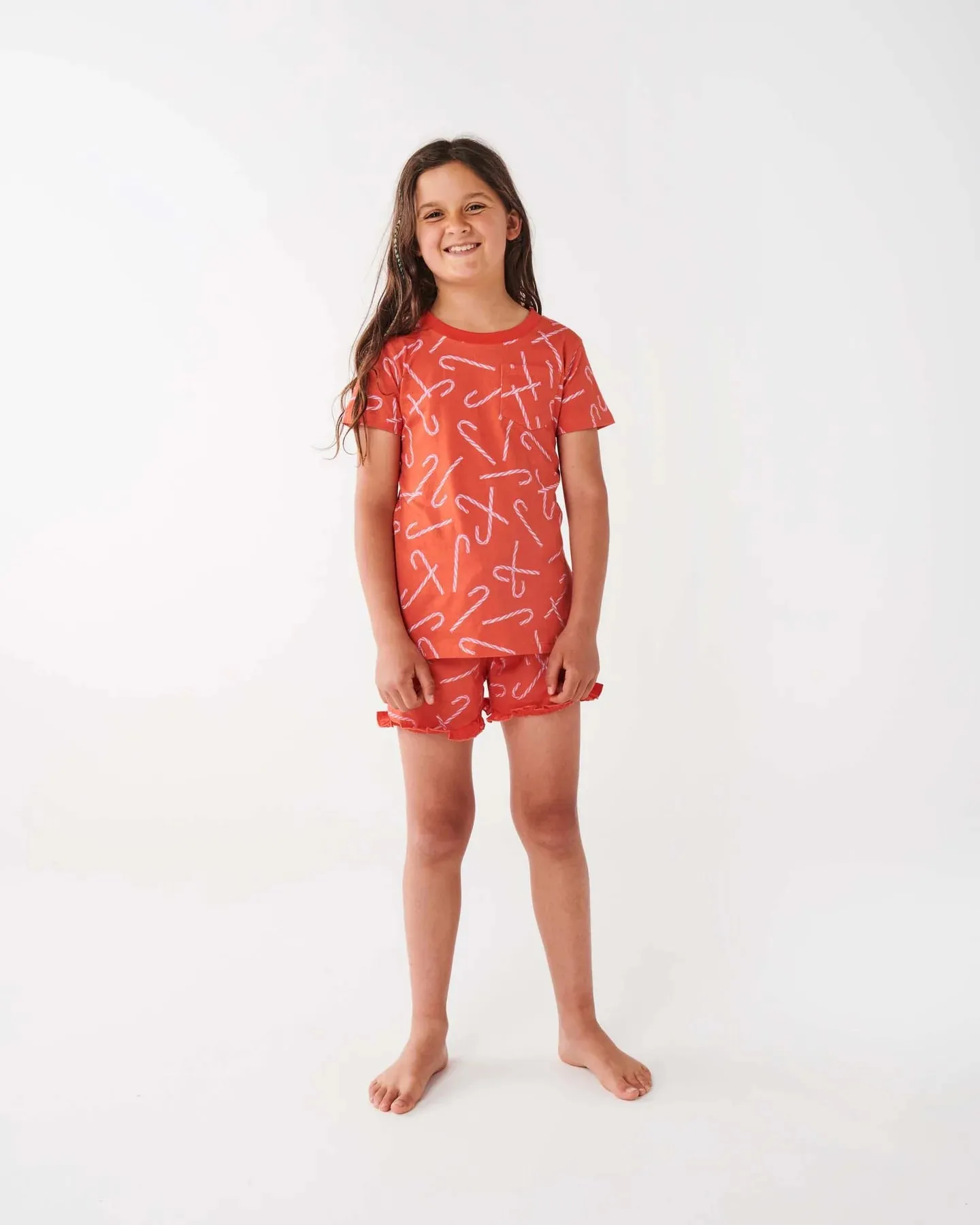 Kip & Co Candy Cane Red Organic Cotton Short Sleeve Tee & Frill Short Pyjama Set