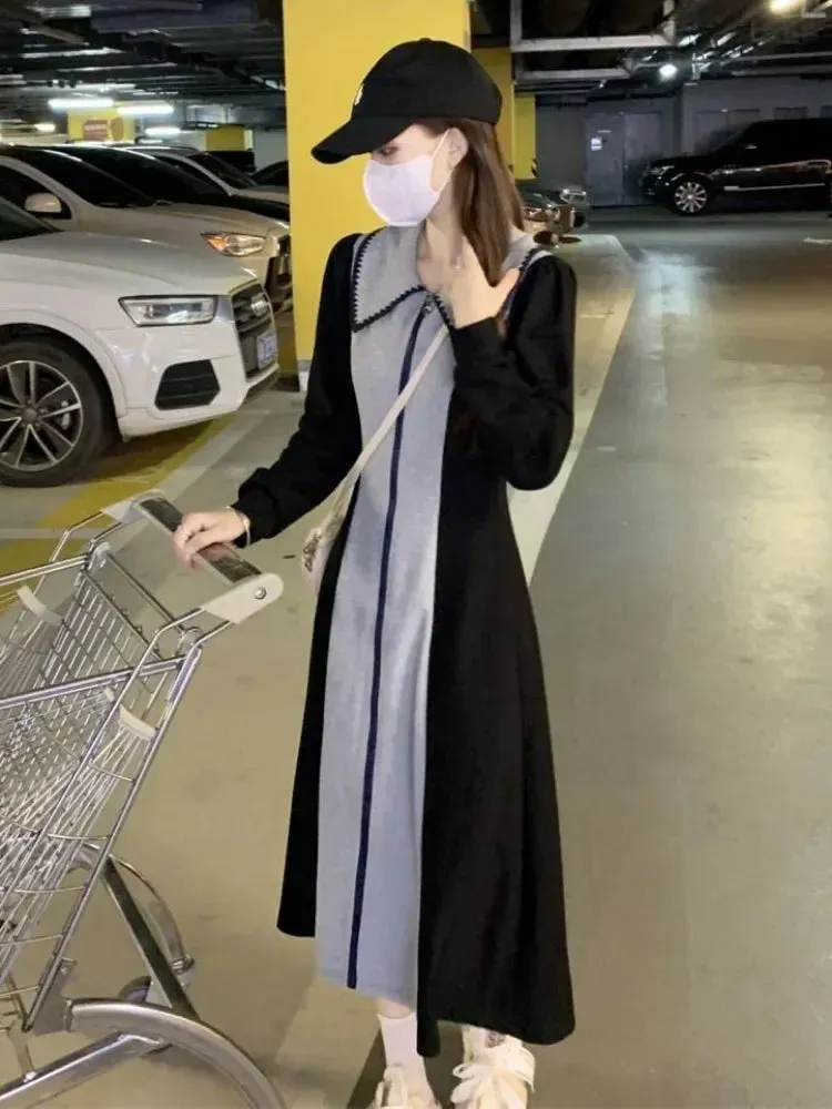 Korean Style Kpop Polo Oversize Dress Women School Casual Sport Long Sleeve Zip Midi Dresses Design Autumn Fashion