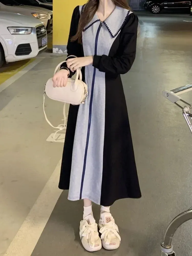 Korean Style Kpop Polo Oversize Dress Women School Casual Sport Long Sleeve Zip Midi Dresses Design Autumn Fashion