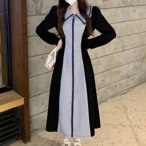 Korean Style Kpop Polo Oversize Dress Women School Casual Sport Long Sleeve Zip Midi Dresses Design Autumn Fashion