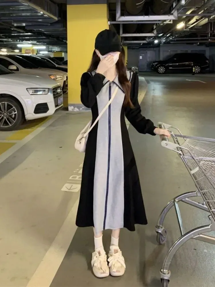 Korean Style Kpop Polo Oversize Dress Women School Casual Sport Long Sleeve Zip Midi Dresses Design Autumn Fashion