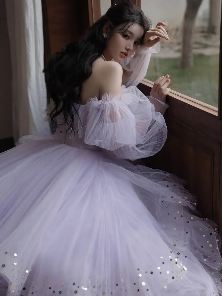 Lavender Tulle Layers Ball Gown Princess Formal Dresses,Long Birthday Celebrity Dress