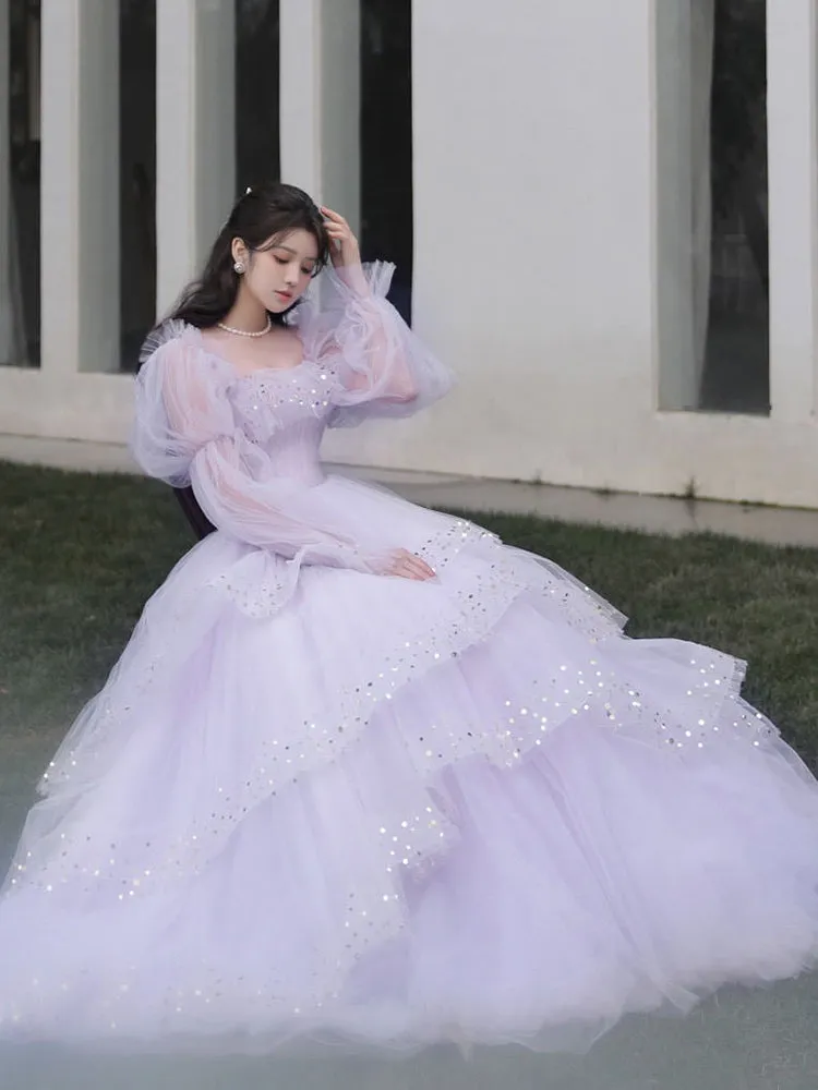 Lavender Tulle Layers Ball Gown Princess Formal Dresses,Long Birthday Celebrity Dress