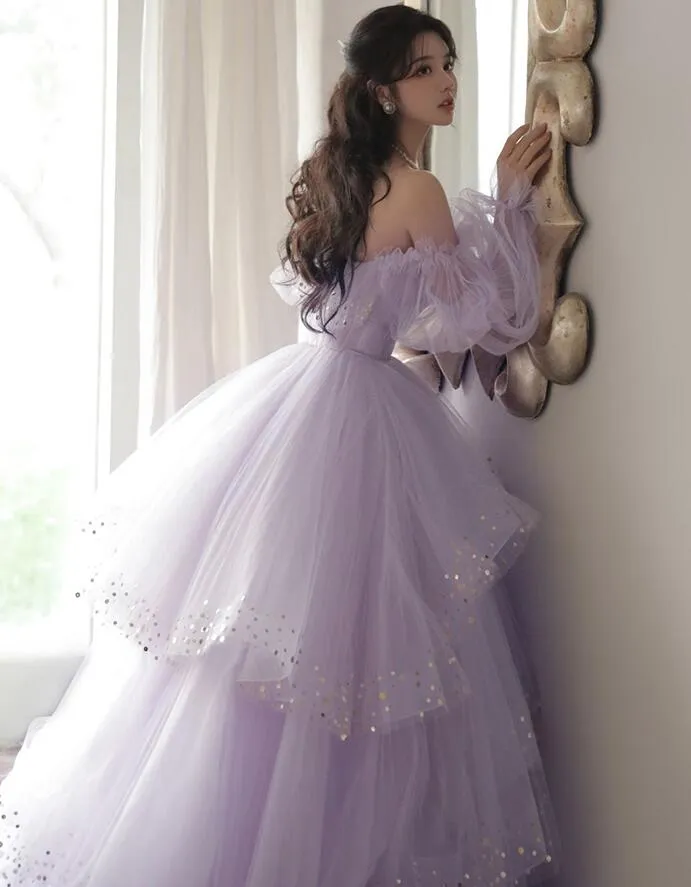 Lavender Tulle Layers Ball Gown Princess Formal Dresses,Long Birthday Celebrity Dress