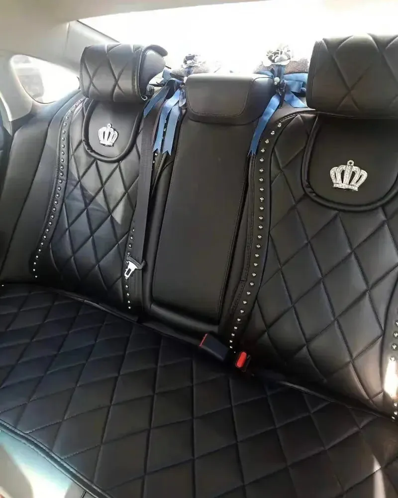 Leather Car Seat Cover Crystal Crown Rivets Auto Seat Cushion Interior Accessories Universal Front Back Seats Covers Car Styling