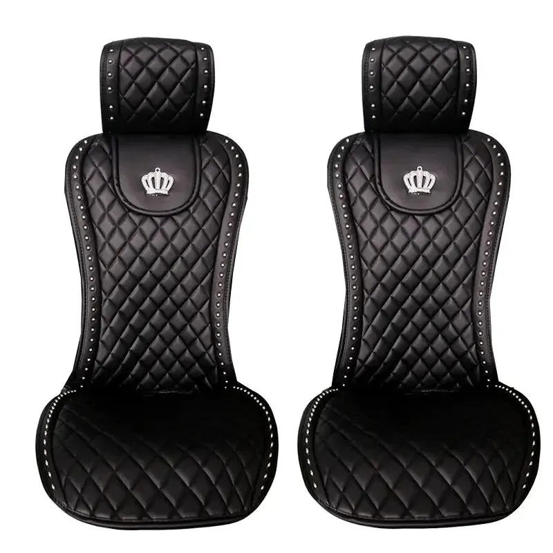 Leather Car Seat Cover Crystal Crown Rivets Auto Seat Cushion Interior Accessories Universal Front Back Seats Covers Car Styling