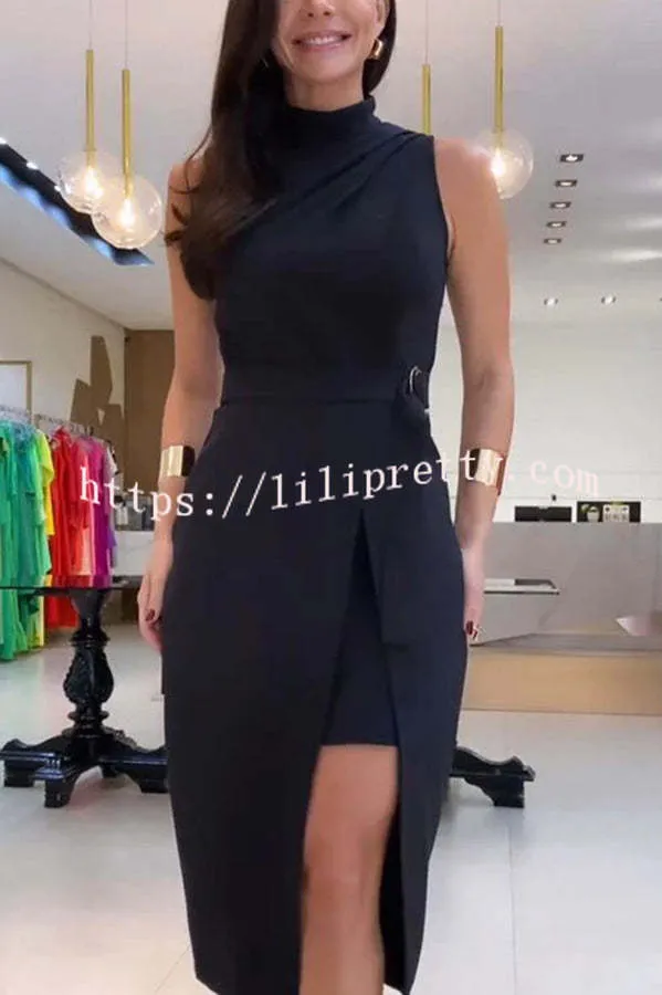 Lilipretty® Celebrities Elegant Turtleneck Wrap Belted Slit Fold Midi Dress