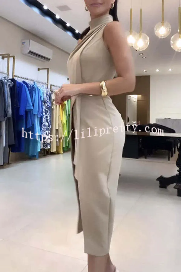 Lilipretty® Celebrities Elegant Turtleneck Wrap Belted Slit Fold Midi Dress