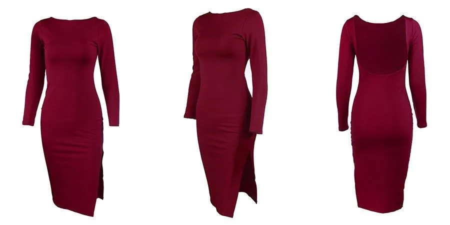 Long Sleeved Backless Sexy Hip Midi Dress