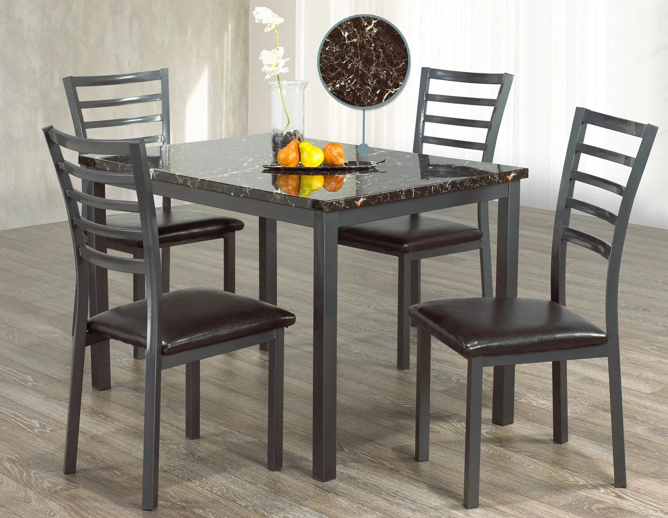 Marble top Table with Black Metal Legs and PU Seats (5 Piece)