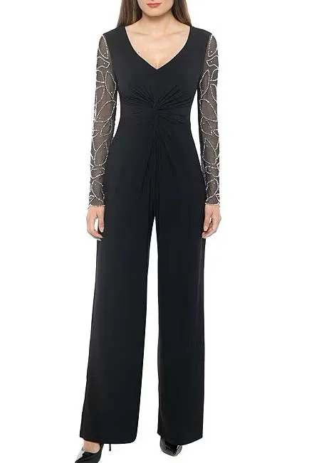 Marina matte jersey sheer beaded long sleeve V-Neck Knot bodice two piece set