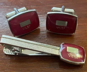 Matsushita Vintage Red Enamel Silvertone Tie Clip Cuff Link Set VLSI