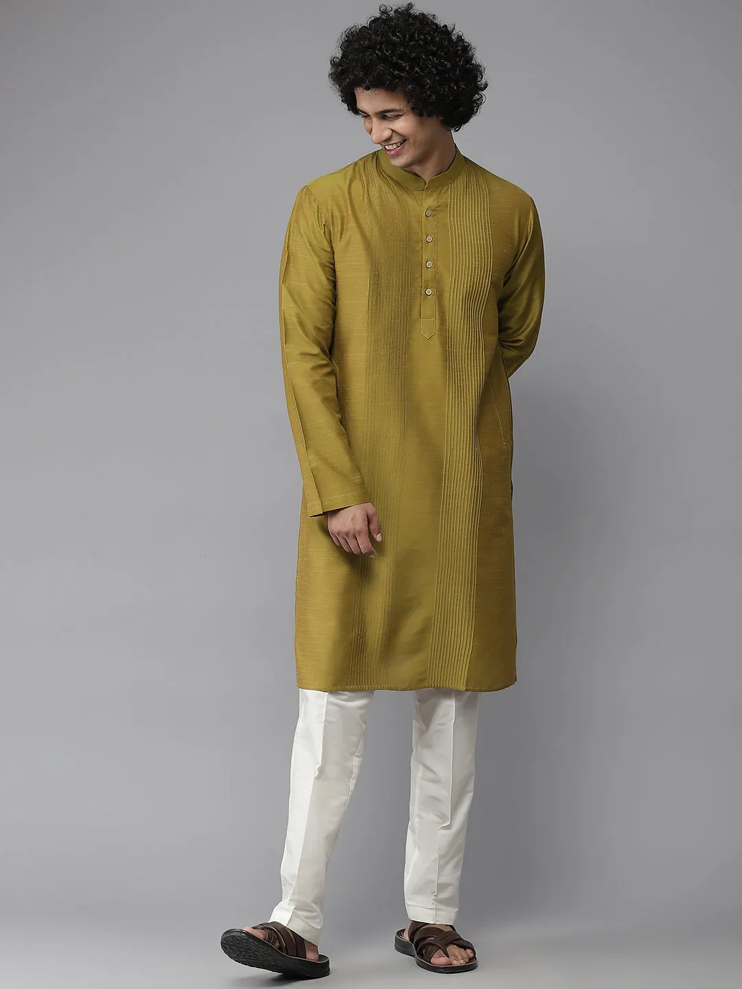 Men Mustard Cotton Slik Straight Kurta With Pyjama