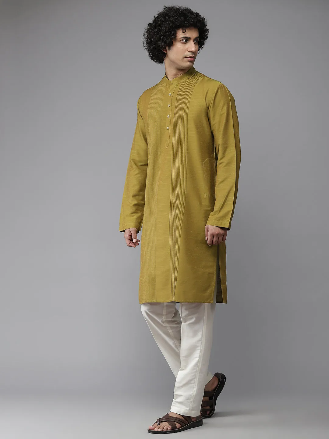 Men Mustard Cotton Slik Straight Kurta With Pyjama