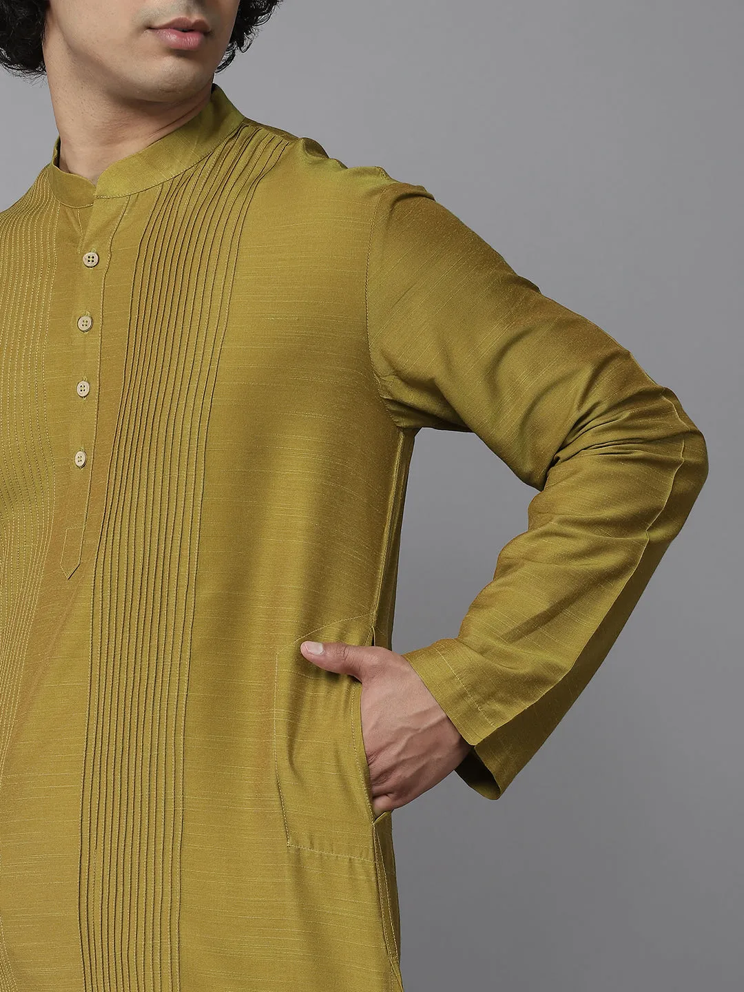 Men Mustard Cotton Slik Straight Kurta With Pyjama