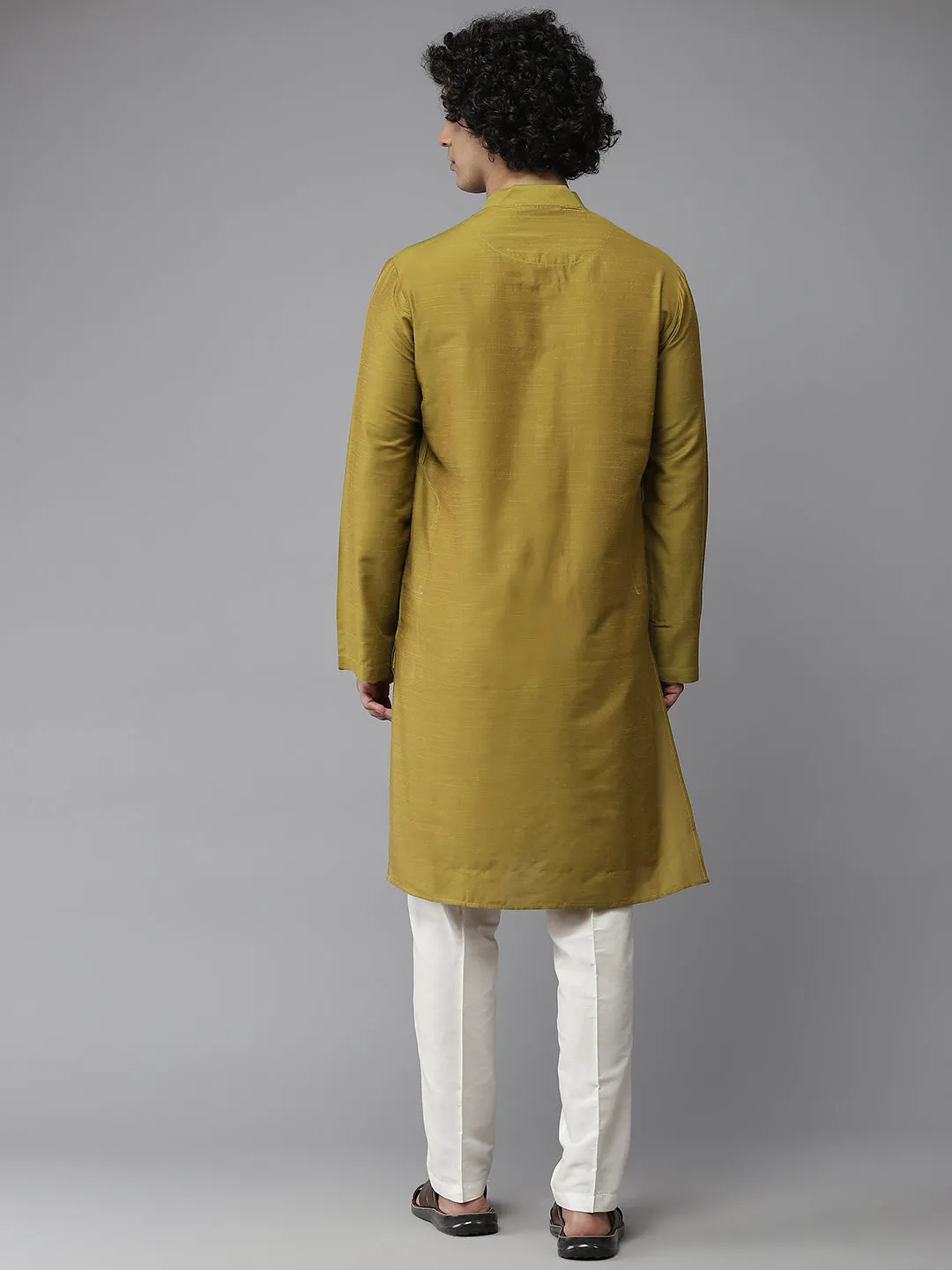 Men Mustard Cotton Slik Straight Kurta With Pyjama