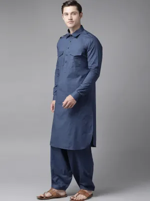 Men Navy Blue Pathani Kurta With Salwar