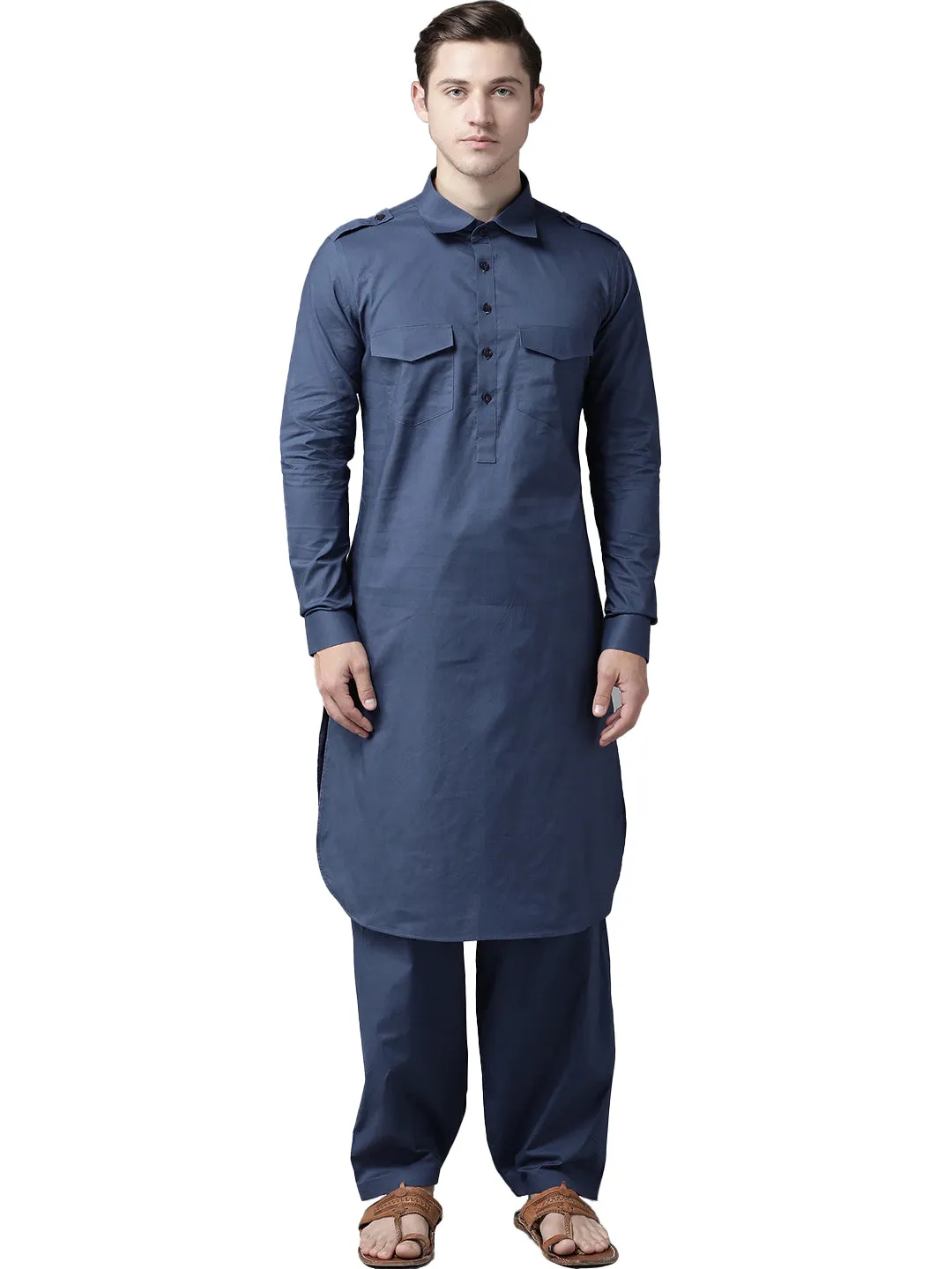 Men Navy Blue Pathani Kurta With Salwar