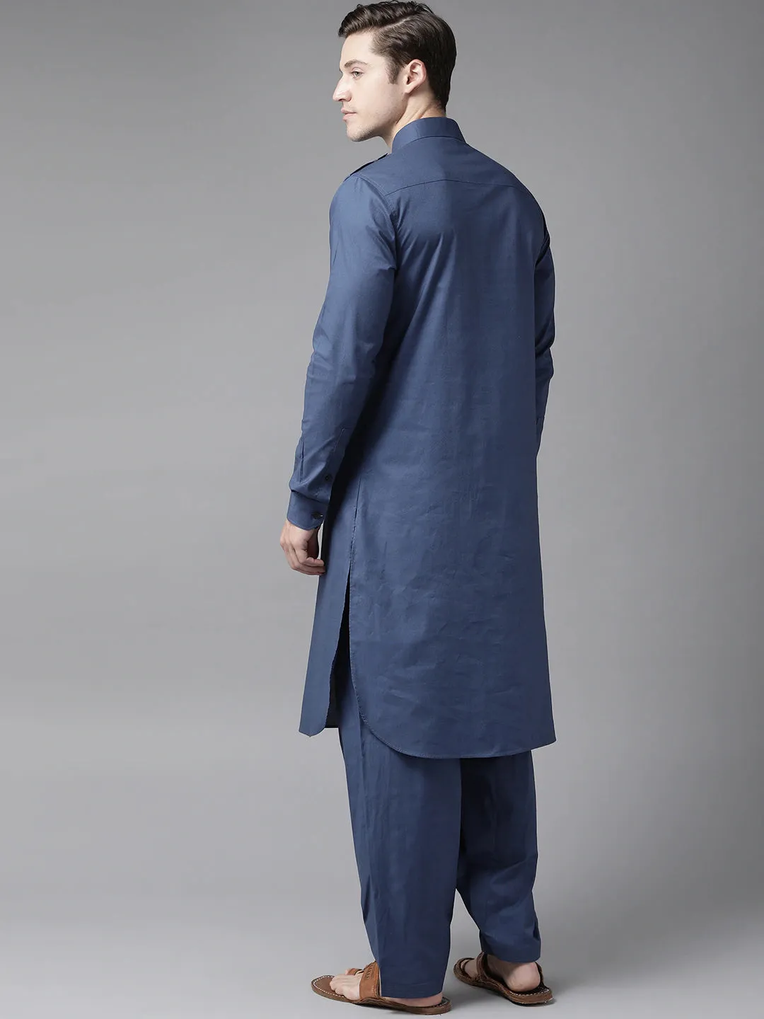 Men Navy Blue Pathani Kurta With Salwar