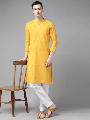 Men Yellow & Maroon  Woven Design Straight Kurta With Pyjama