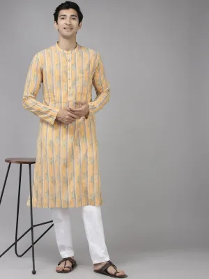 Men Yelow  Self  Printed Pure Cotton Straight Kurta With Pyjama