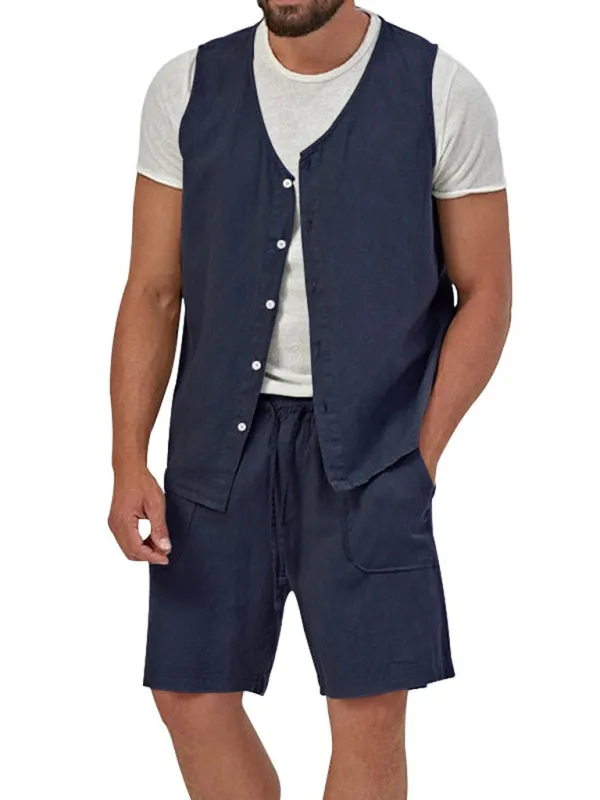 Men's two-piece vest shorts casual sleeveless cardigan suit