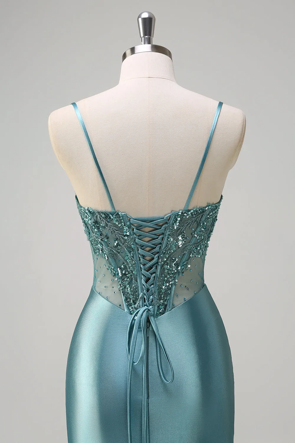 Mermaid Satin Sequined Corset Grey Green Prom Dress with Slit