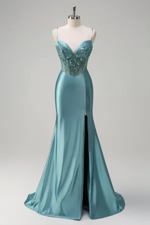 Mermaid Satin Sequined Corset Grey Green Prom Dress with Slit