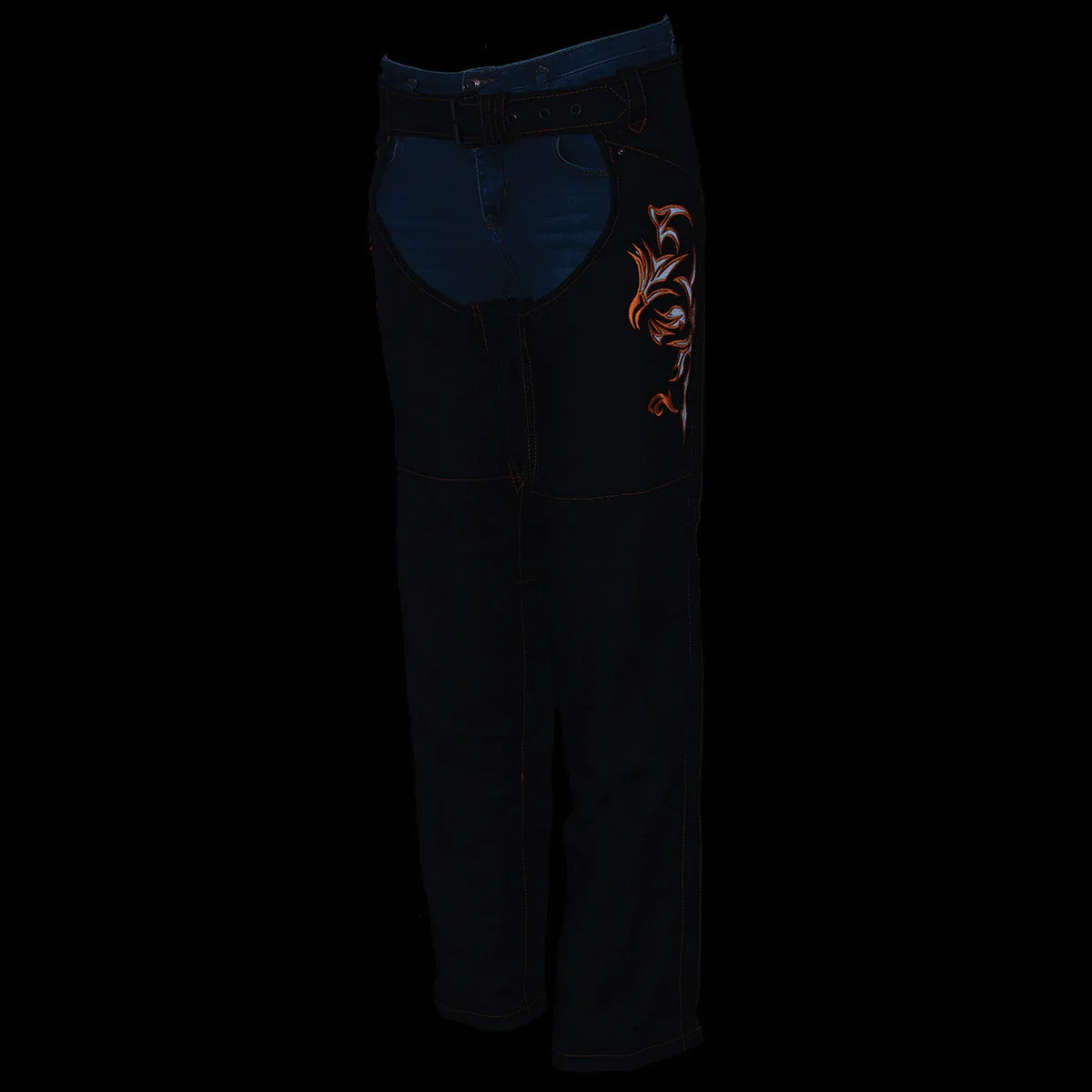 Milwaukee Leather SH1182 Women's Black with Orange Textile Motorcycle Riding Chaps with Tribal Embroidery