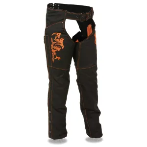 Milwaukee Leather SH1182 Women's Black with Orange Textile Motorcycle Riding Chaps with Tribal Embroidery