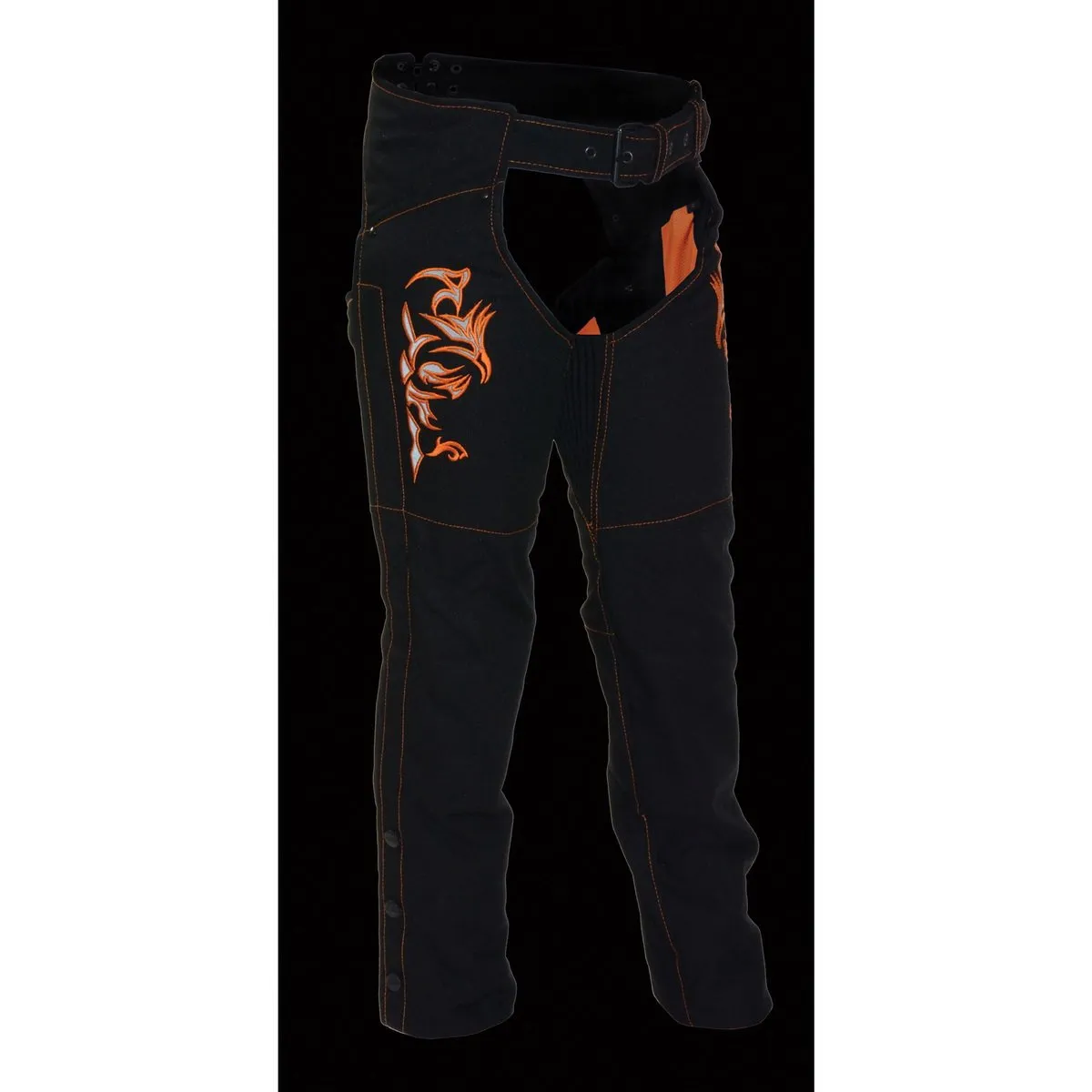 Milwaukee Leather SH1182 Women's Black with Orange Textile Motorcycle Riding Chaps with Tribal Embroidery