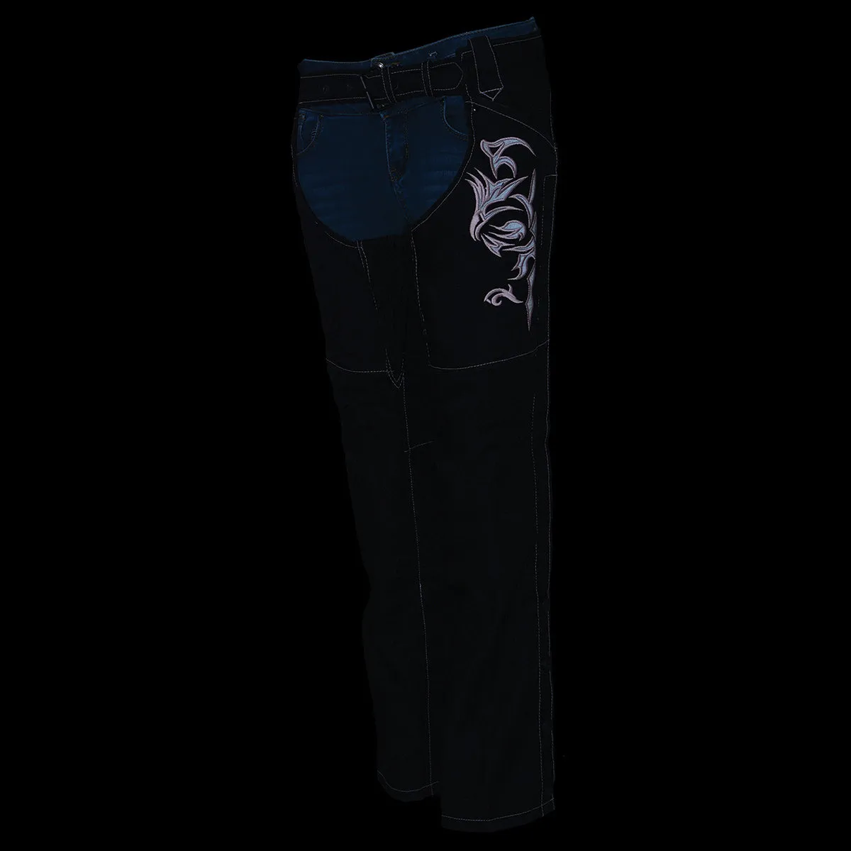 Milwaukee Leather SH1182 Women's Black with Pink Textile Motorcycle Riding Chaps with Tribal Embroidery