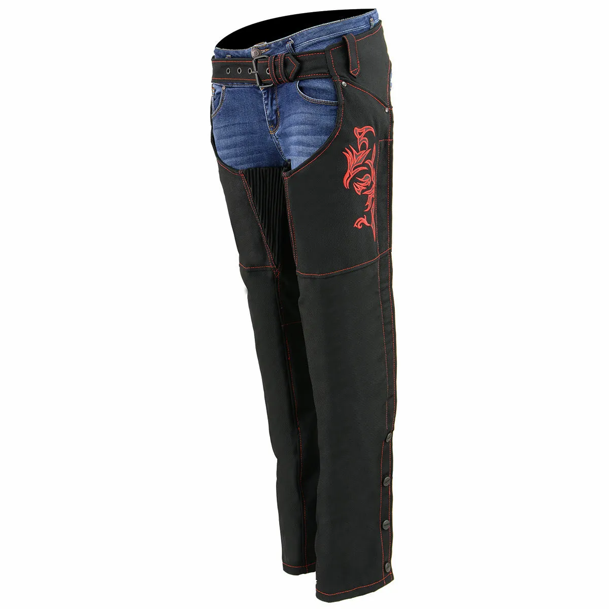 Milwaukee Leather SH1182 Women's Black with Red Textile Motorcycle Riding Chaps with Tribal Embroidery