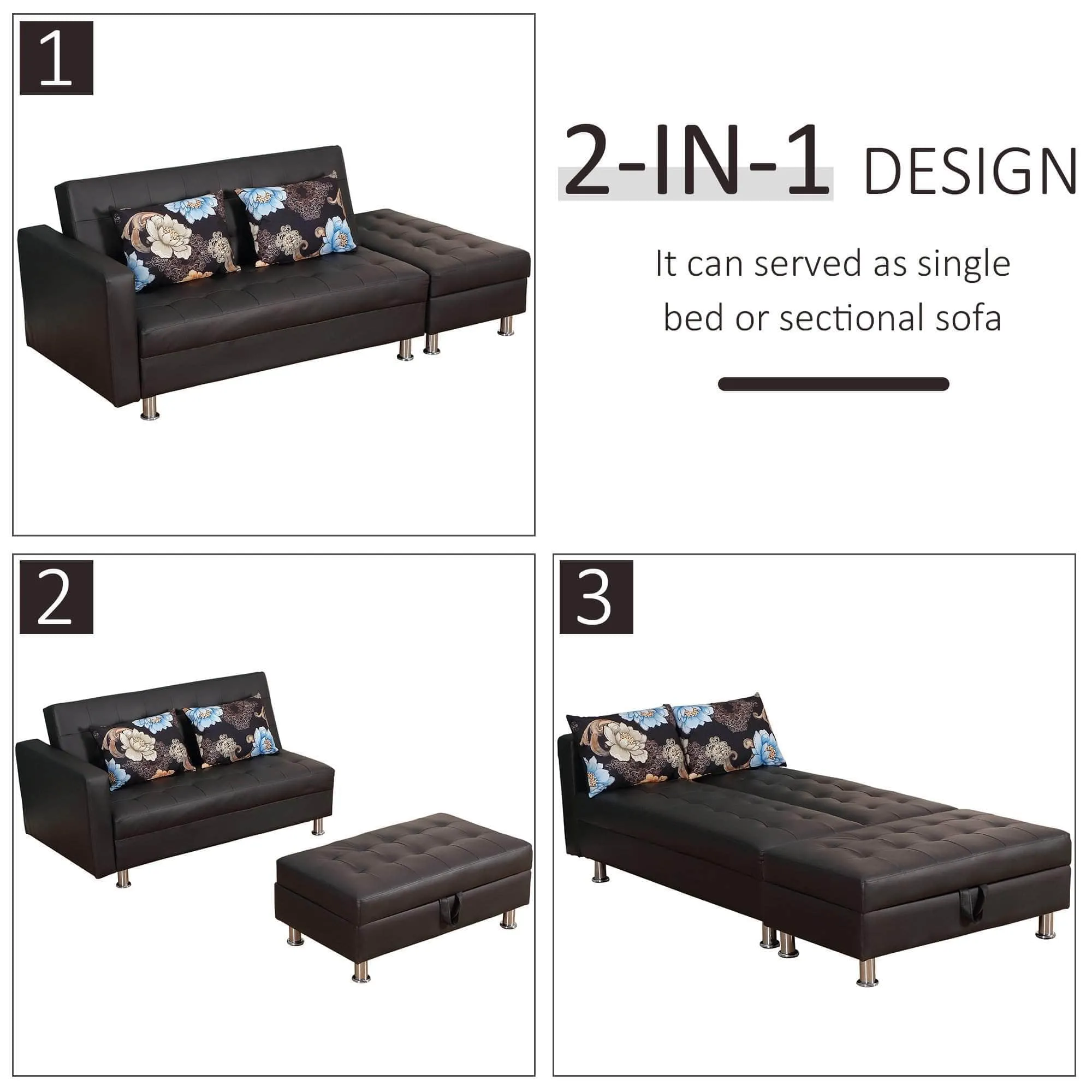 Modular Faux Leather Convertible Sectional Sofa Bed with Storage Ottoman in Black