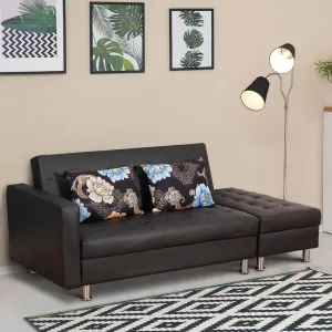 Modular Faux Leather Convertible Sectional Sofa Bed with Storage Ottoman in Black