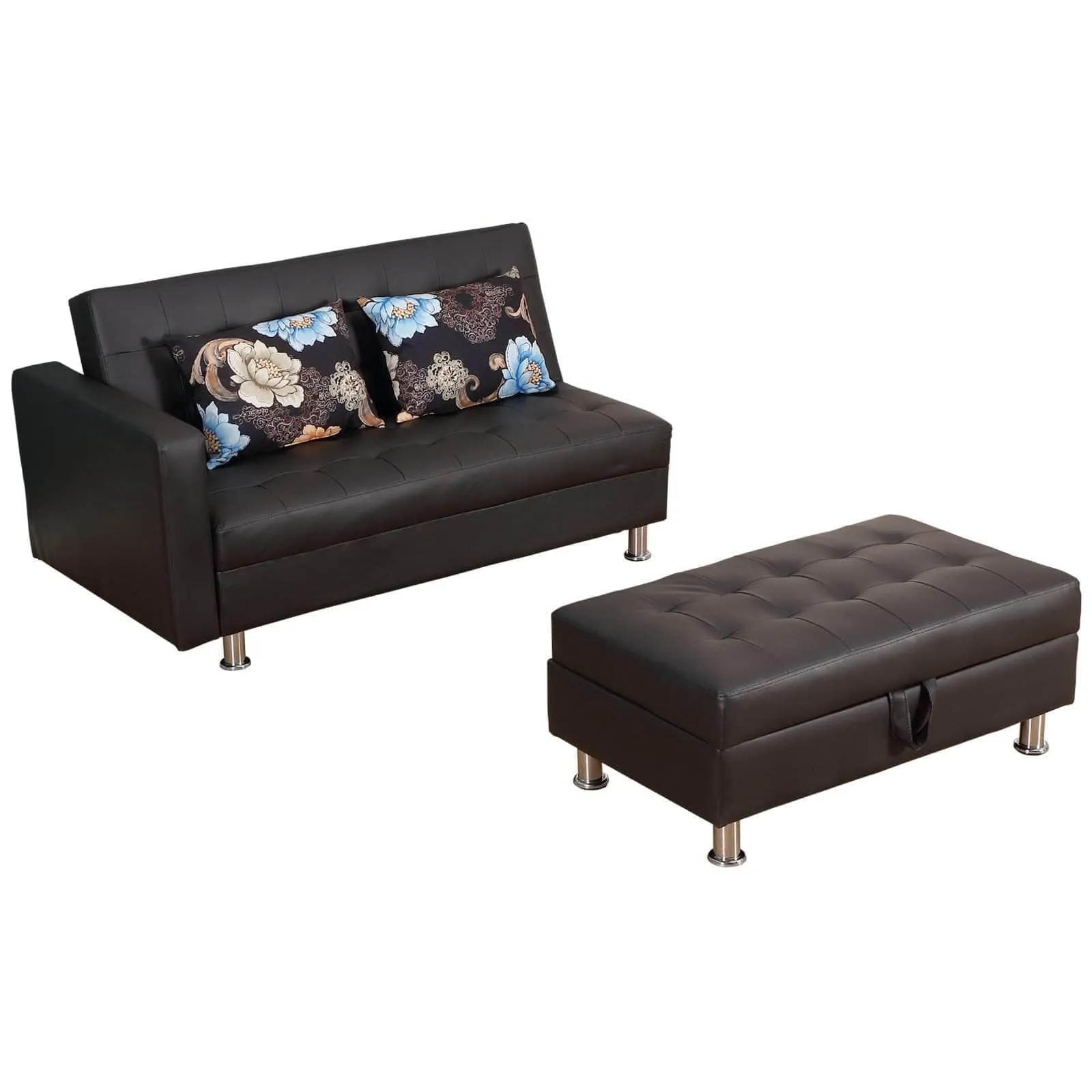 Modular Faux Leather Convertible Sectional Sofa Bed with Storage Ottoman in Black