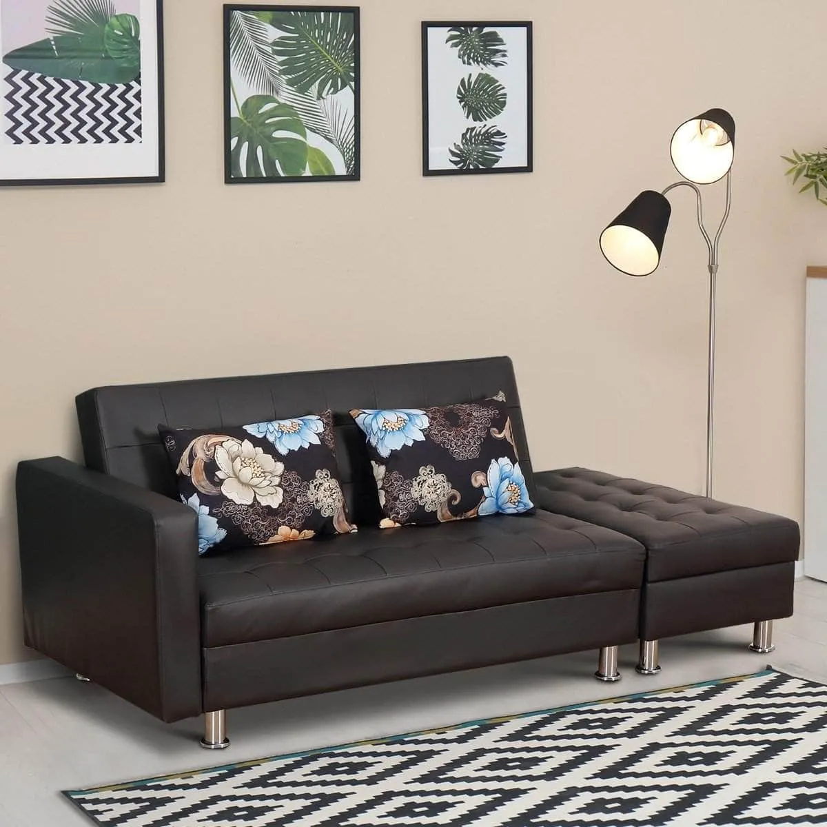 Modular Faux Leather Convertible Sectional Sofa Bed with Storage Ottoman in Black