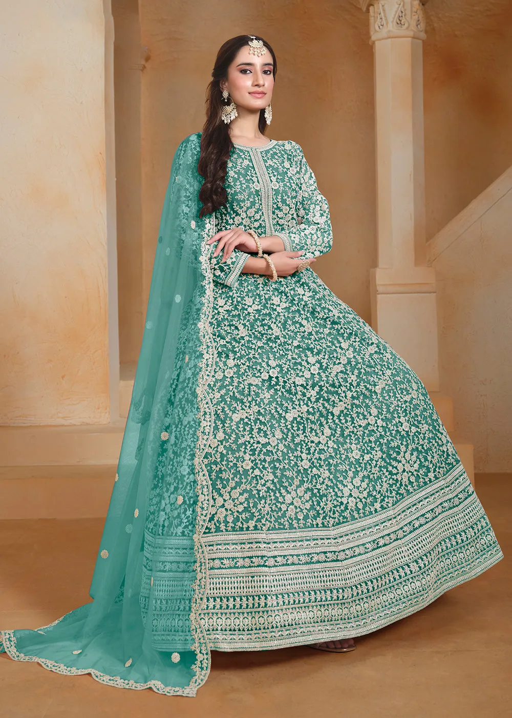 Net Teal Green Embroidered Festive Style Anarkali Suit