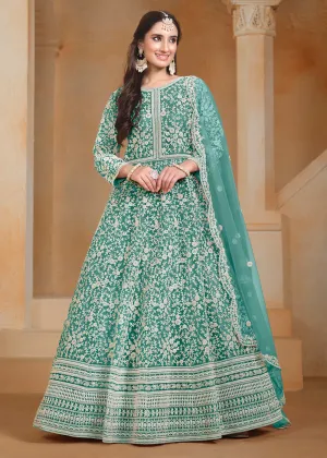 Net Teal Green Embroidered Festive Style Anarkali Suit