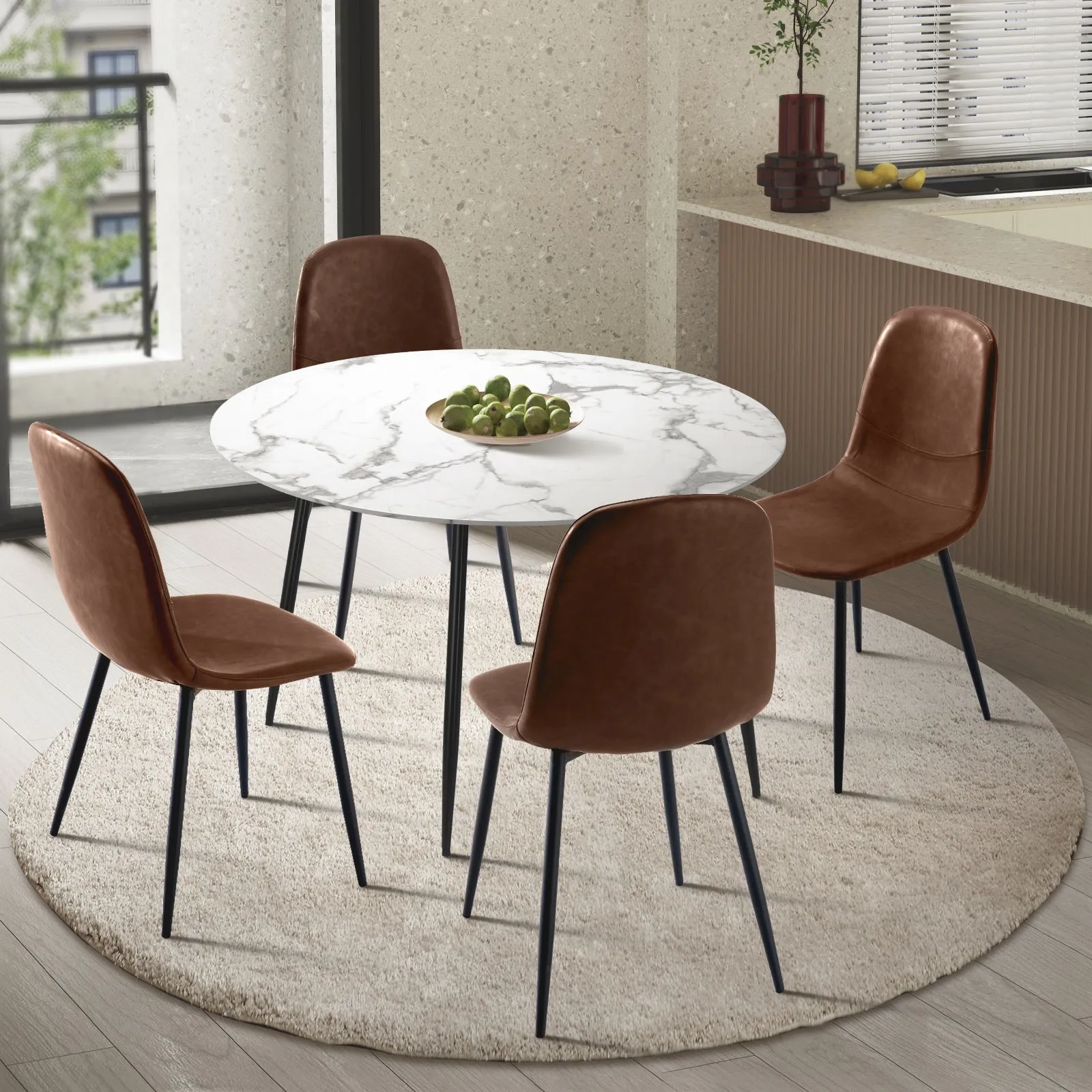 Oikiture 110cm Round Dining Table with 4PCS Dining Chairs PU Brown