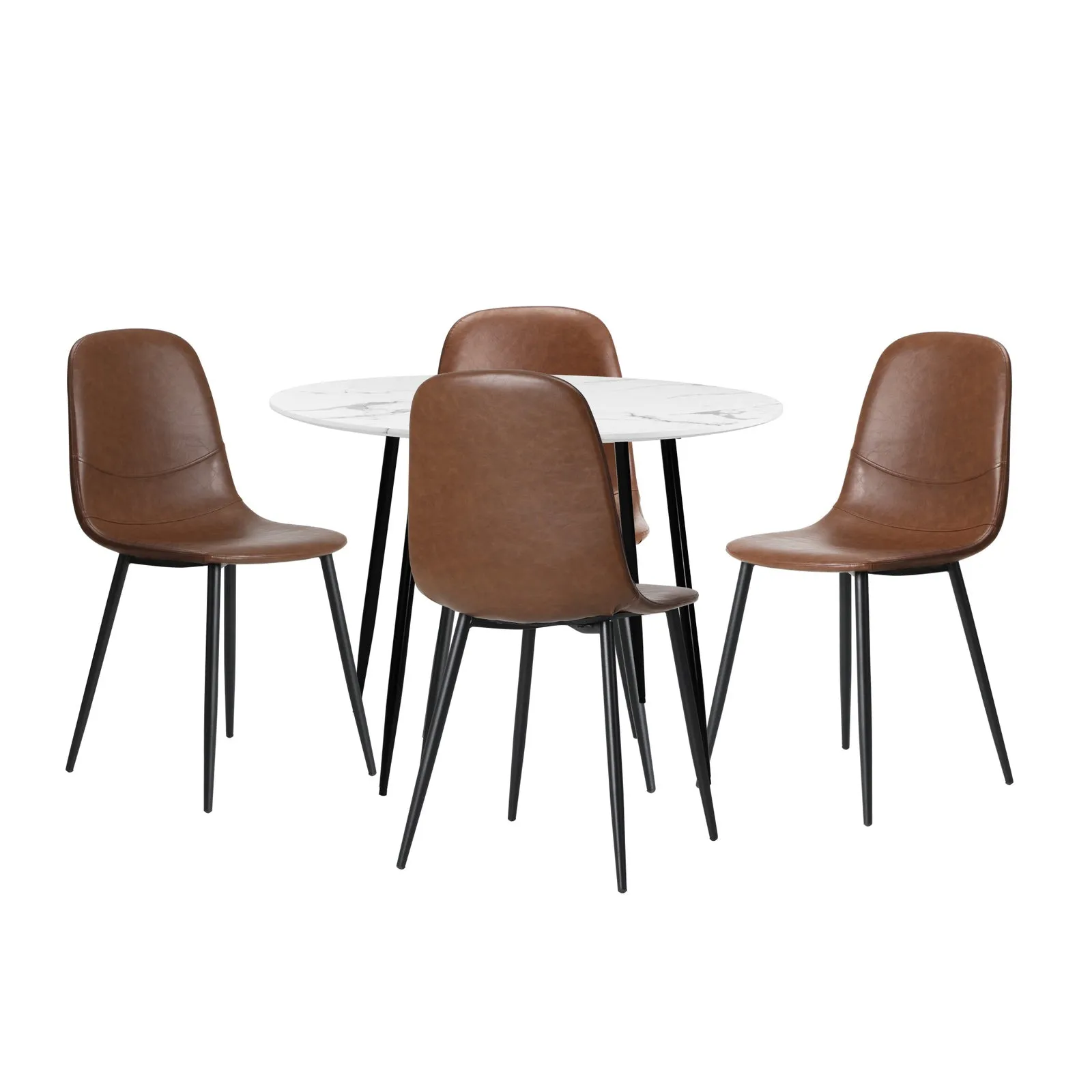 Oikiture 110cm Round Dining Table with 4PCS Dining Chairs PU Brown