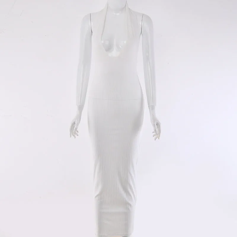 Pandora Halter Backless Sexy Knitted Pencil White Dress