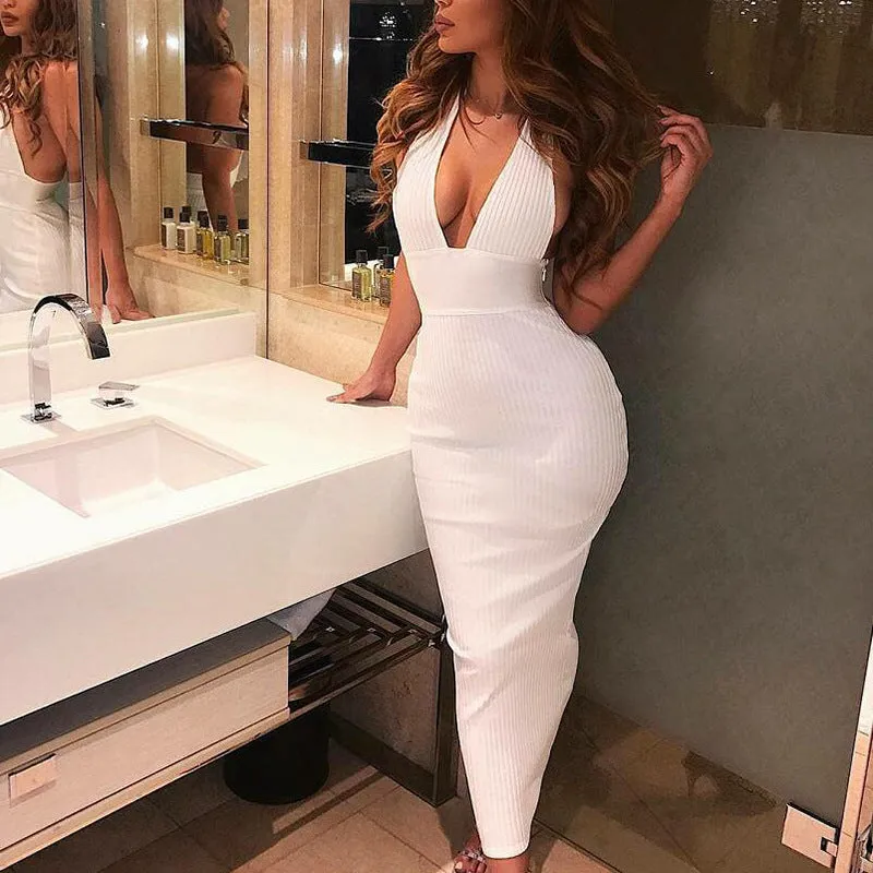 Pandora Halter Backless Sexy Knitted Pencil White Dress