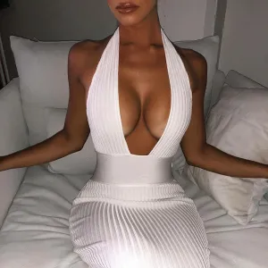 Pandora Halter Backless Sexy Knitted Pencil White Dress