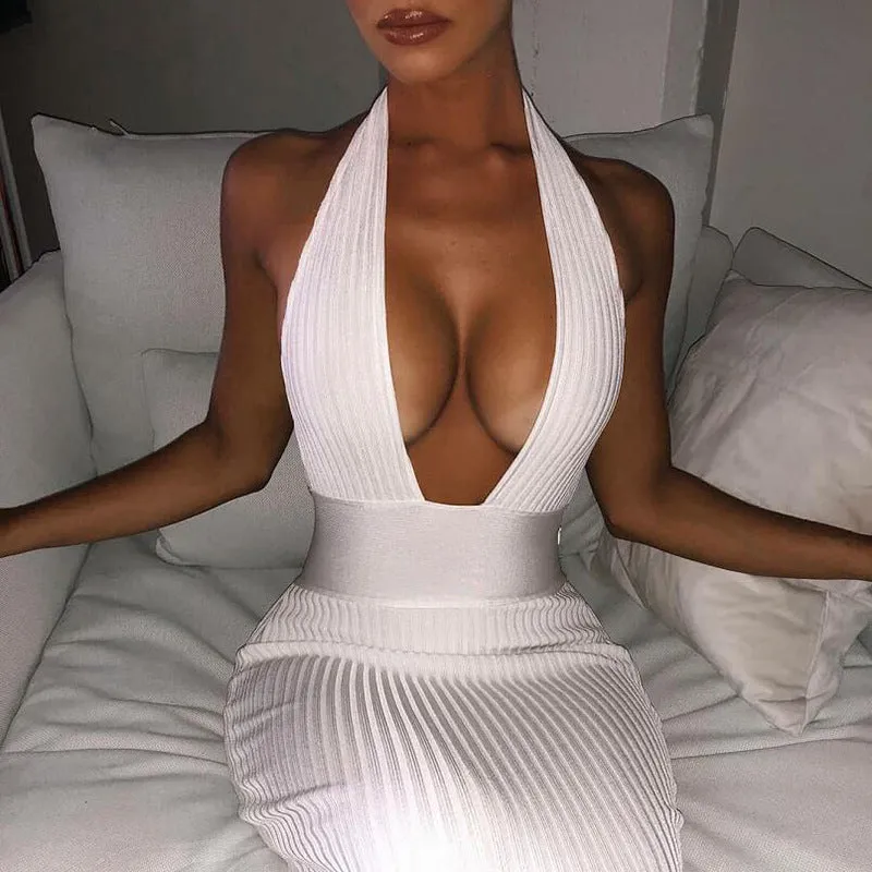 Pandora Halter Backless Sexy Knitted Pencil White Dress